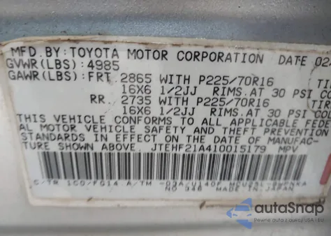 2001 Toyota Highlander V6 z USA, uszkodzony, nr VIN JTEHF21A410015179